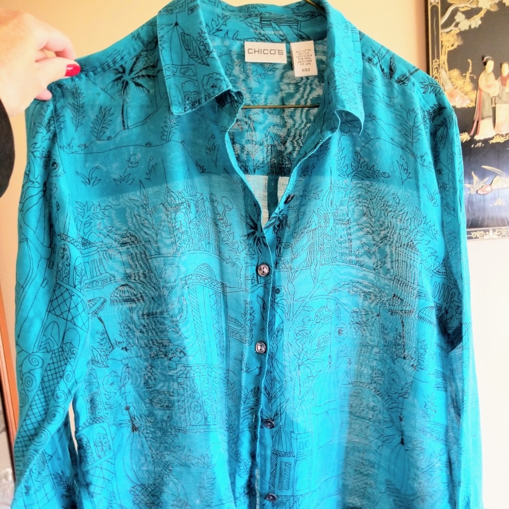 CHICO'S turquoise Egyptian print cotton/silk blouse, Size 0, fits 4-6